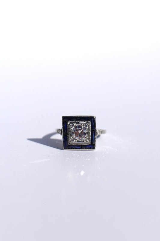 0.70ct Old European Cut Diamond and Sapphire Art Deco Ring