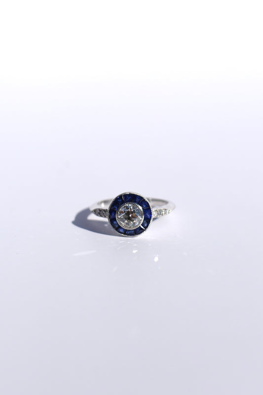 0.80ct Old European Cut Diamond and Sapphire Ring